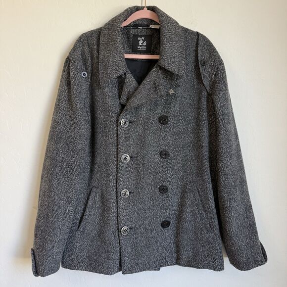 LRG Other - Lifted Research Group LRG Gray Herringbone Wool Blend Double Breasted Pea Coat L